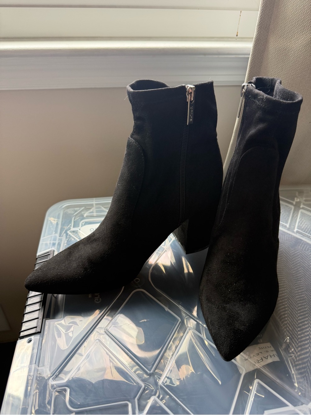 Unisa Black Pointed Toe Suede Ankle Booties with Block Heel